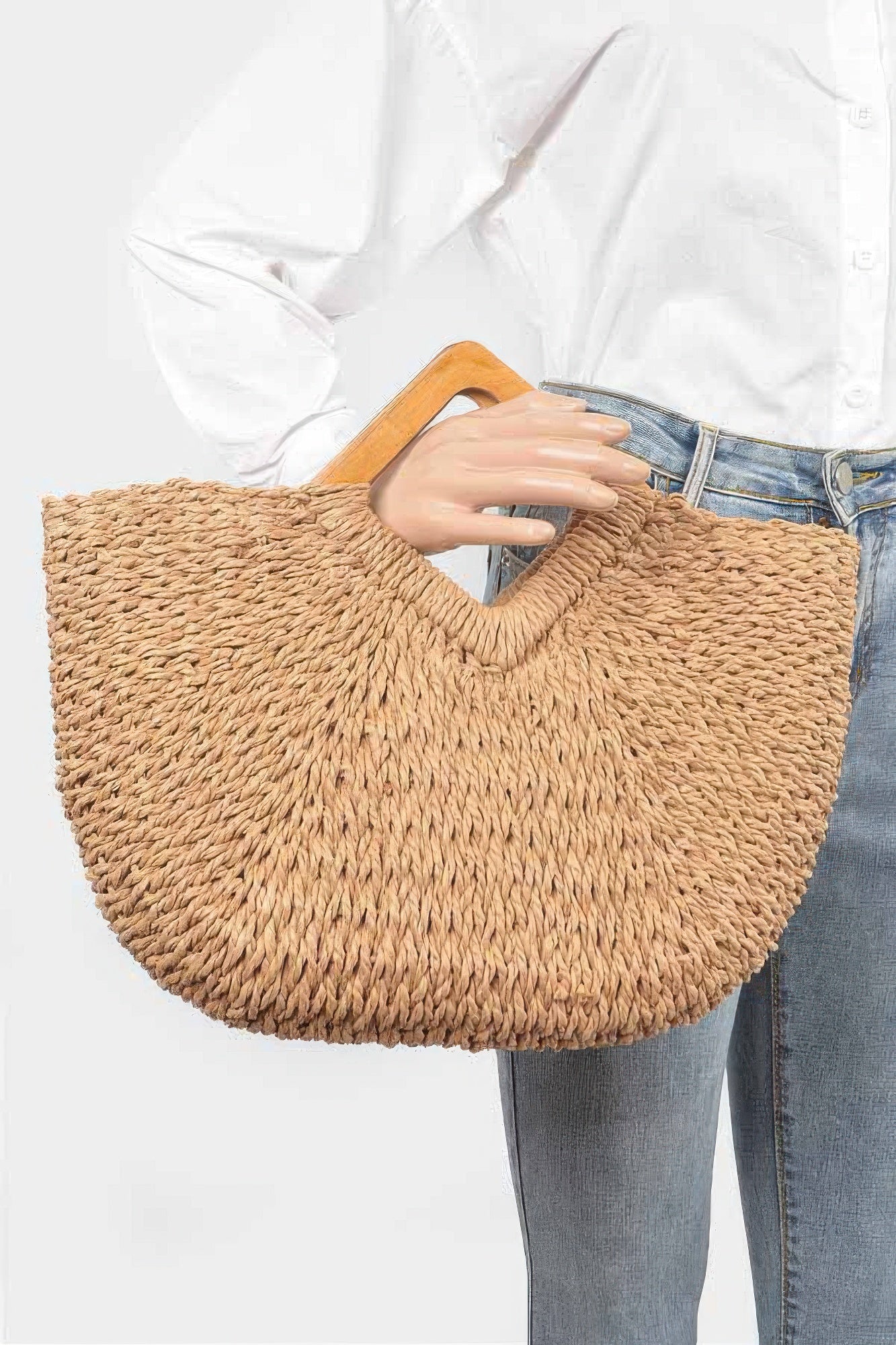 Faux Straw Wood Handle Tote Bag | Mixtshop LLC