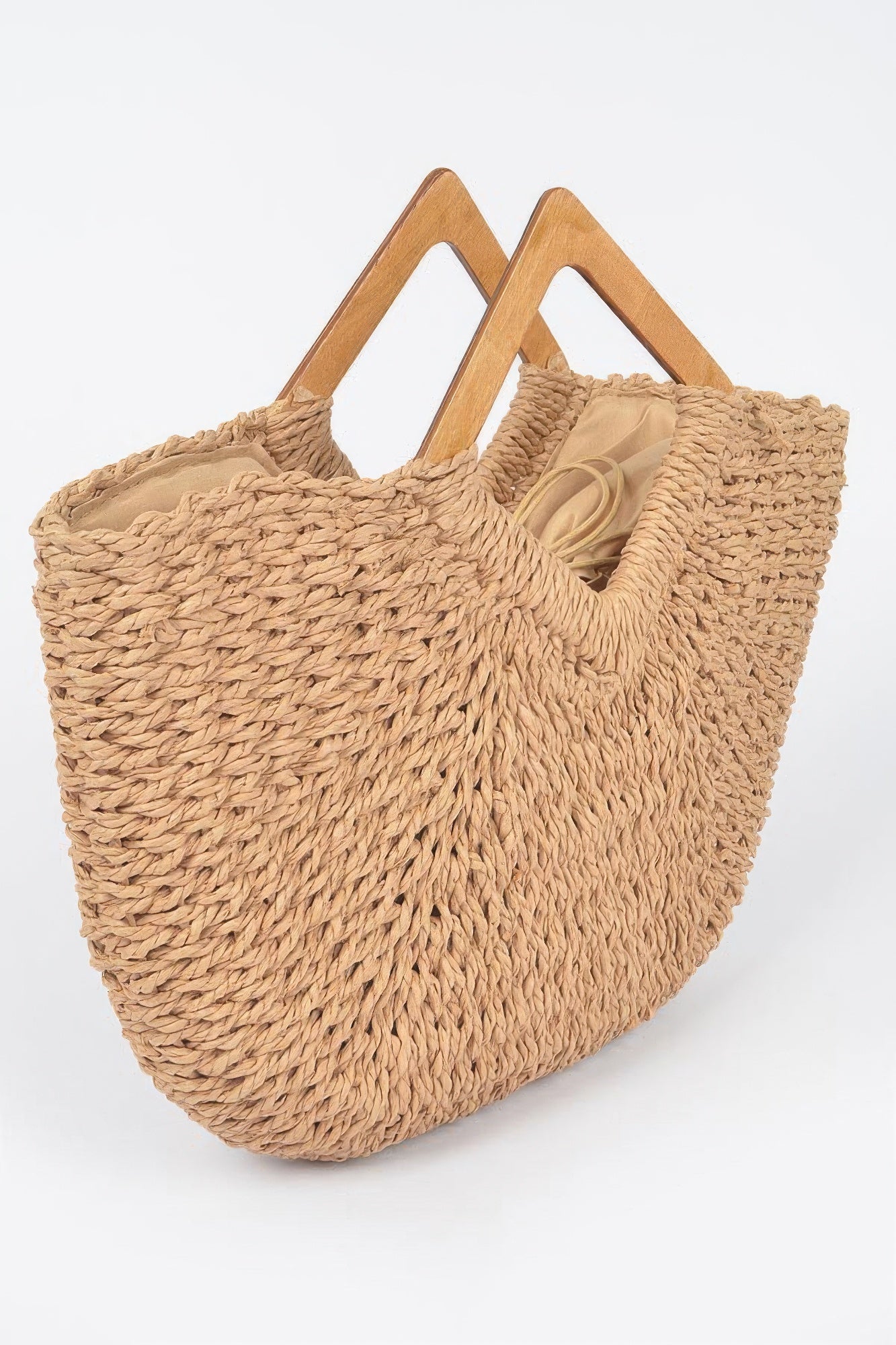 Faux Straw Wood Handle Tote Bag | Mixtshop LLC