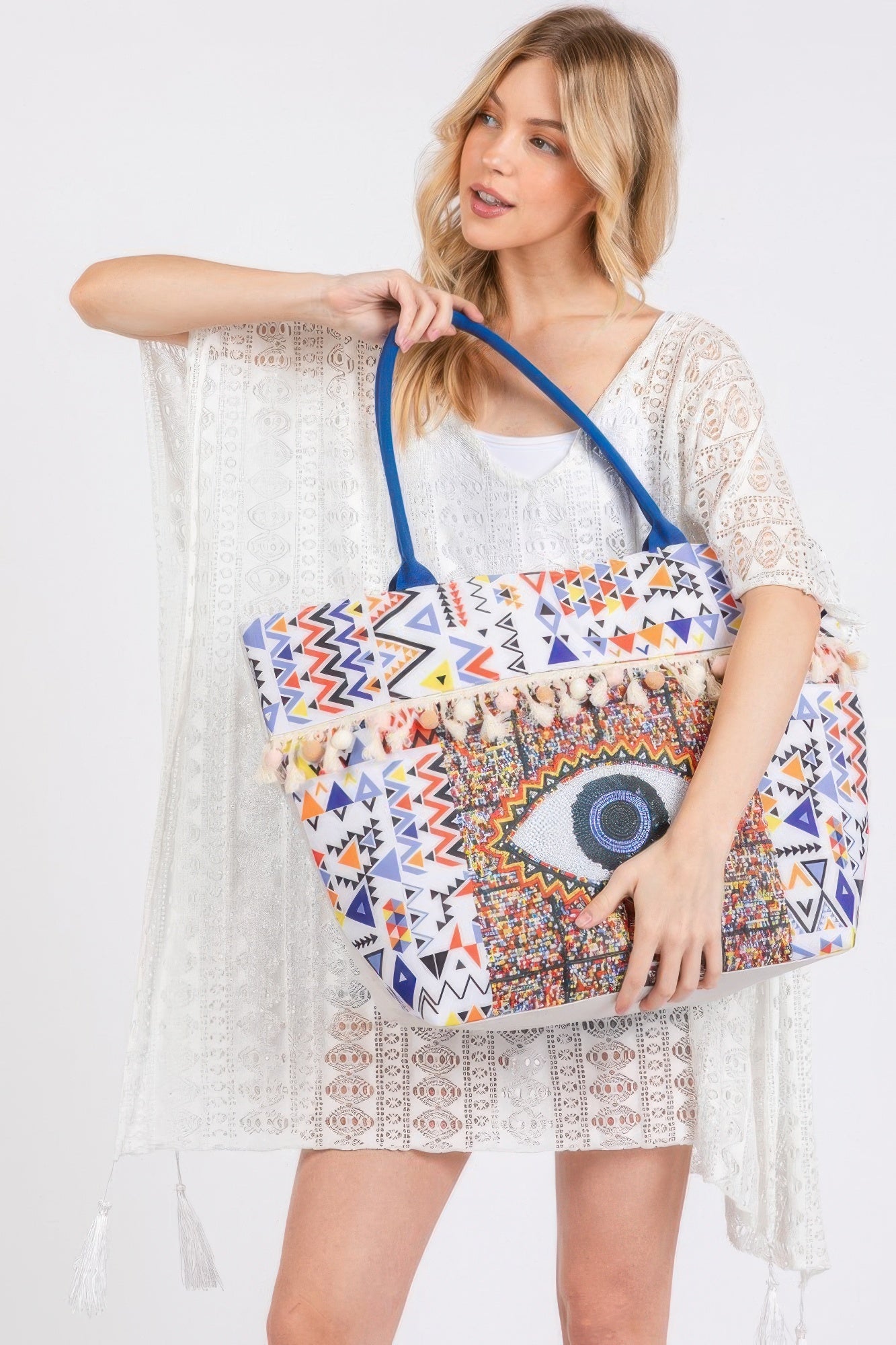 Evil Eye Boho Print Pom Pom Fringe Tote Bag | Mixtshop LLC