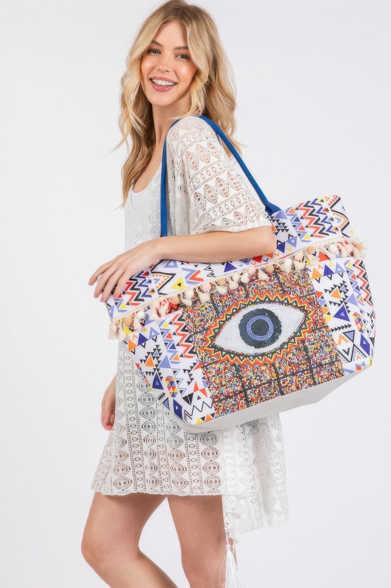 Evil Eye Boho Print Pom Pom Fringe Tote Bag | Mixtshop LLC