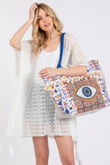 Evil Eye Boho Print Pom Pom Fringe Tote Bag | Mixtshop LLC