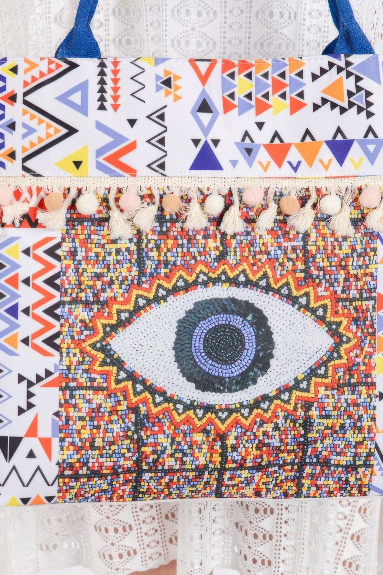 Evil Eye Boho Print Pom Pom Fringe Tote Bag | Mixtshop LLC
