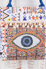 Evil Eye Boho Print Pom Pom Fringe Tote Bag | Mixtshop LLC