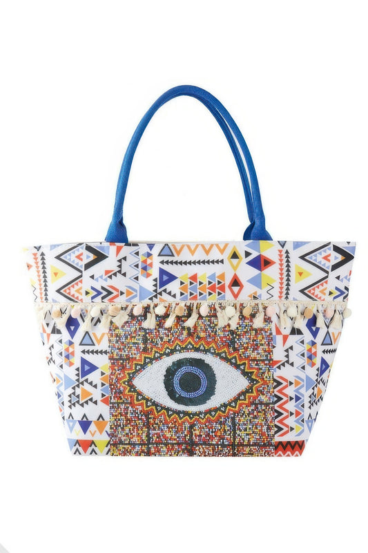 Evil Eye Boho Print Pom Pom Fringe Tote Bag | Mixtshop LLC