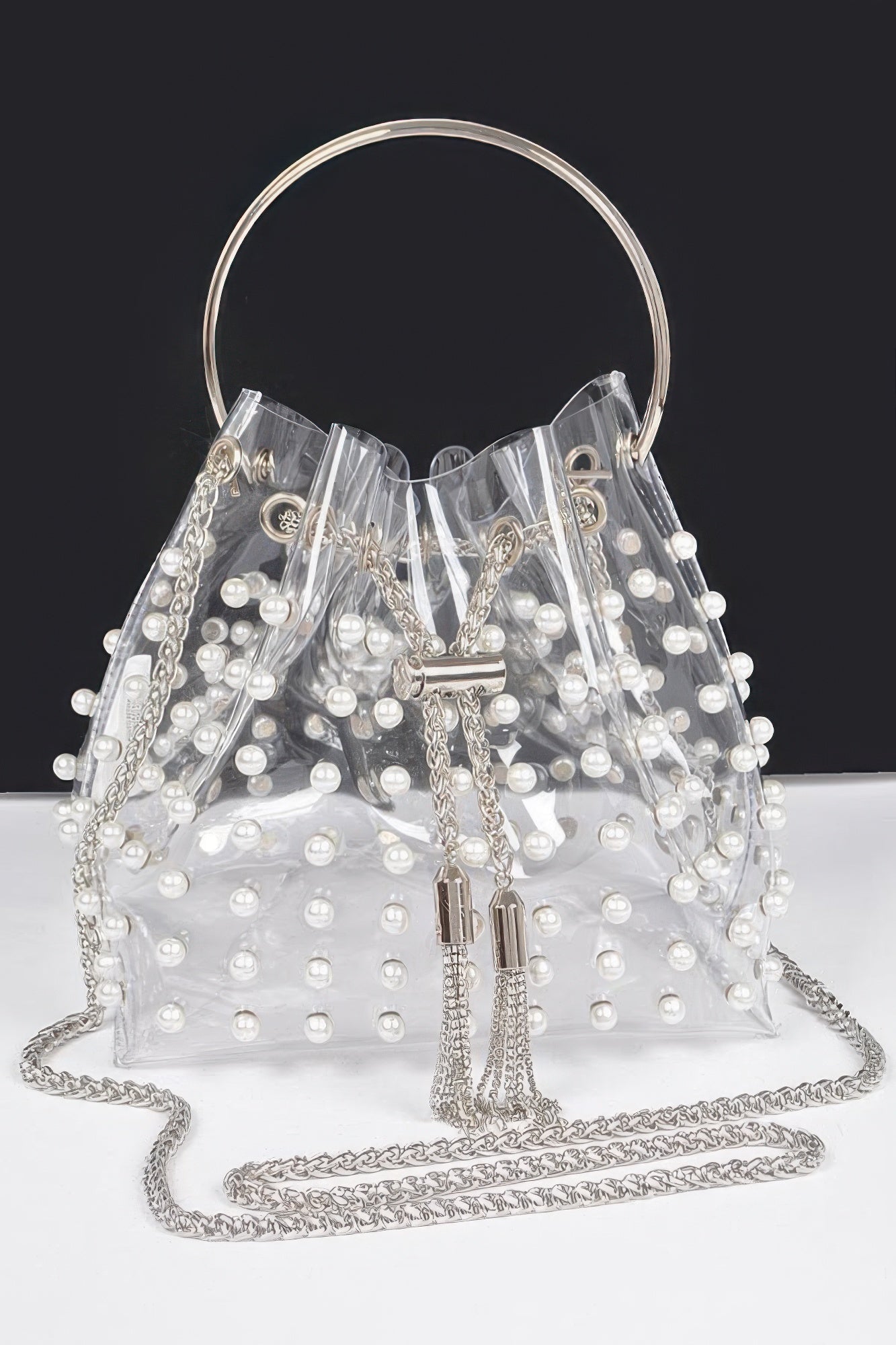 Clear Pearl Stud Bucket Bag W/chain Tassle | Mixtshop LLC