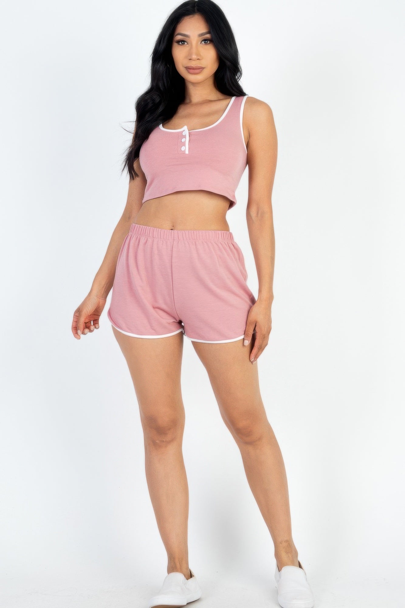 Casual French Terry Sleeveless Button Front Contrast Trim Cropped Tank Top And Shorts Set | Mixtshop LLC
