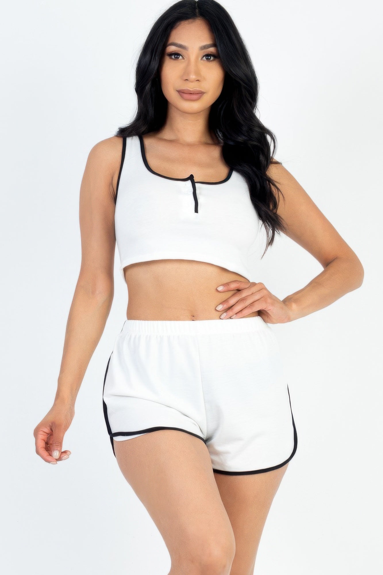 Casual French Terry Sleeveless Button Front Contrast Trim Cropped Tank Top And Shorts Set | Mixtshop LLC