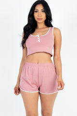 Casual French Terry Sleeveless Button Front Contrast Trim Cropped Tank Top And Shorts Set | Mixtshop LLC