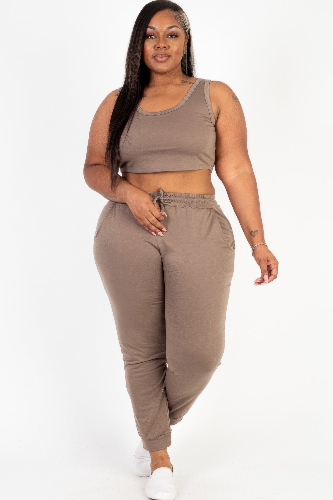 Plus Size French Terry Cropped Tank Top & Joggers Set | Mixtshop LLC