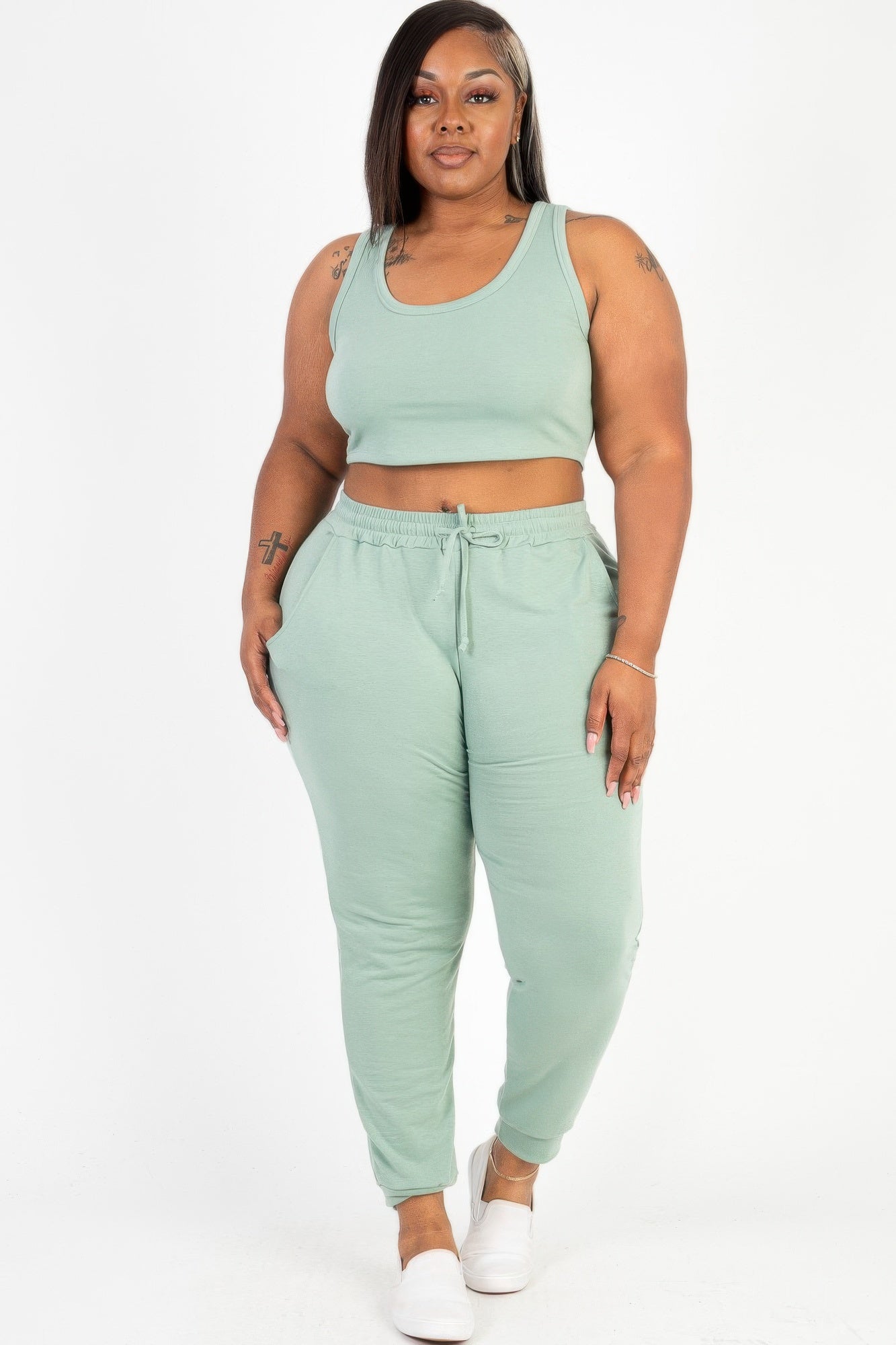 Plus Size French Terry Cropped Tank Top & Joggers Set | Mixtshop LLC