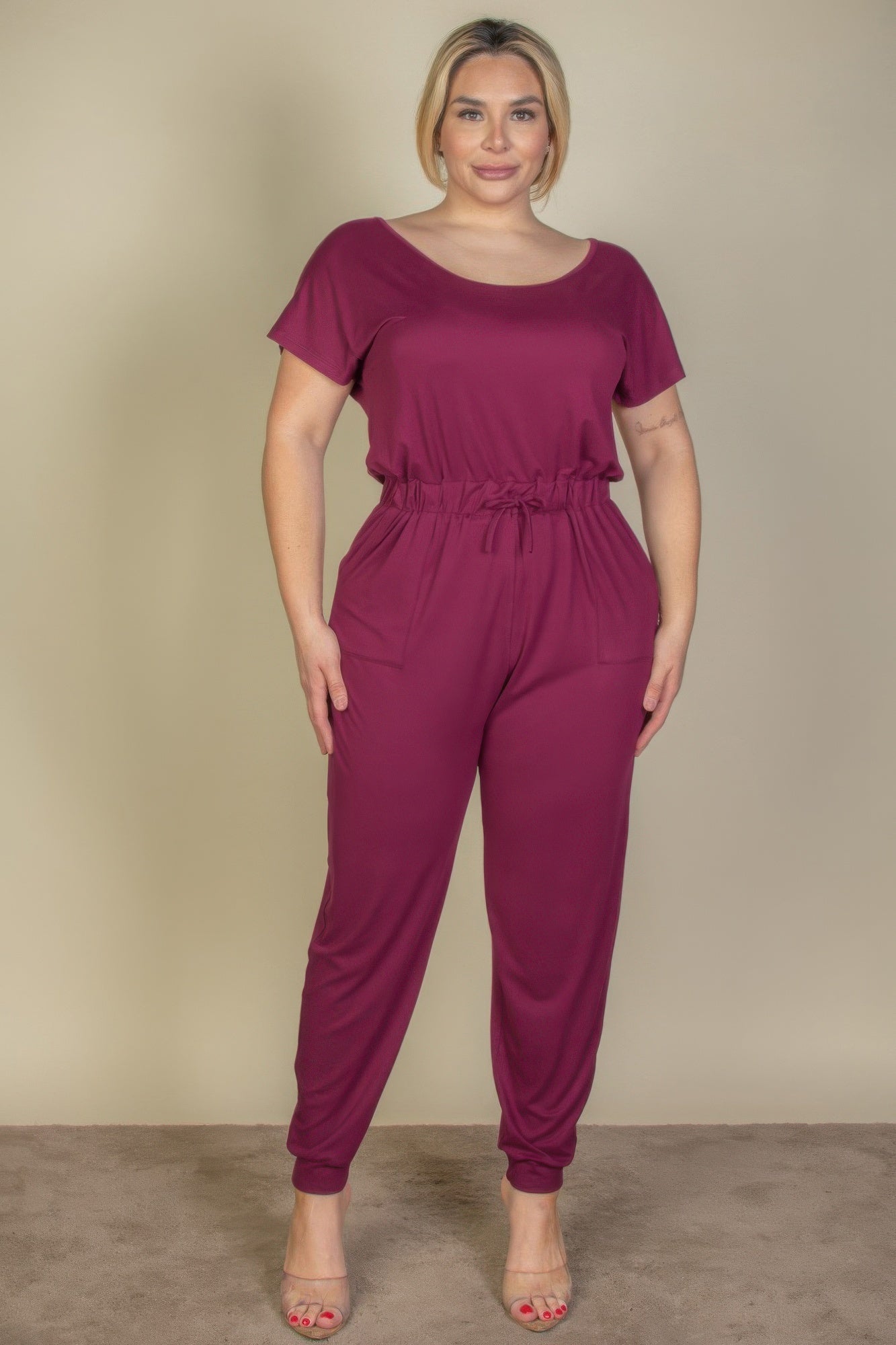 Plus Size Solid Drawstring Short Sleeve Jumpsuit | Mixtshop LLC