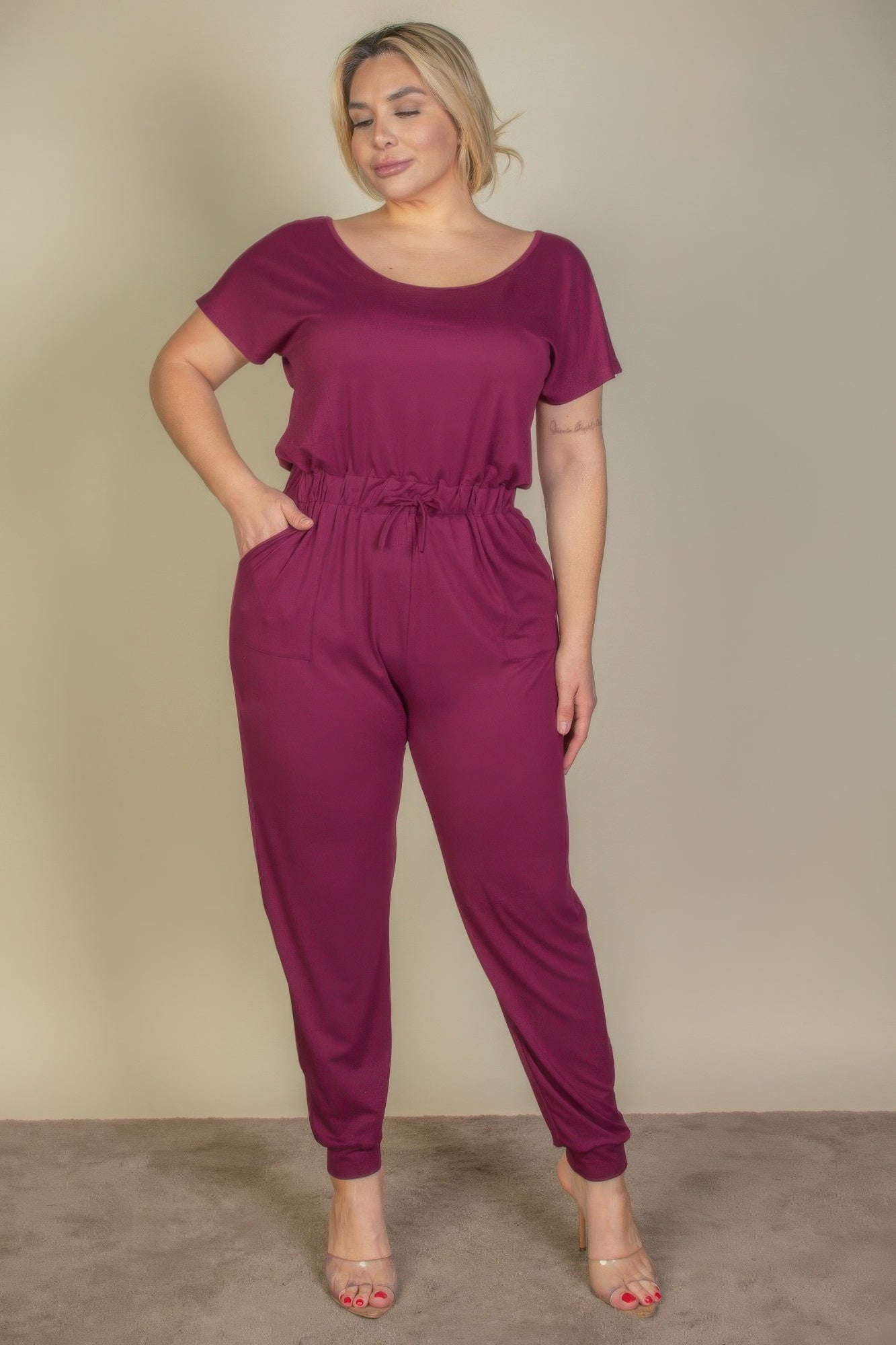 Plus Size Solid Drawstring Short Sleeve Jumpsuit | Mixtshop LLC