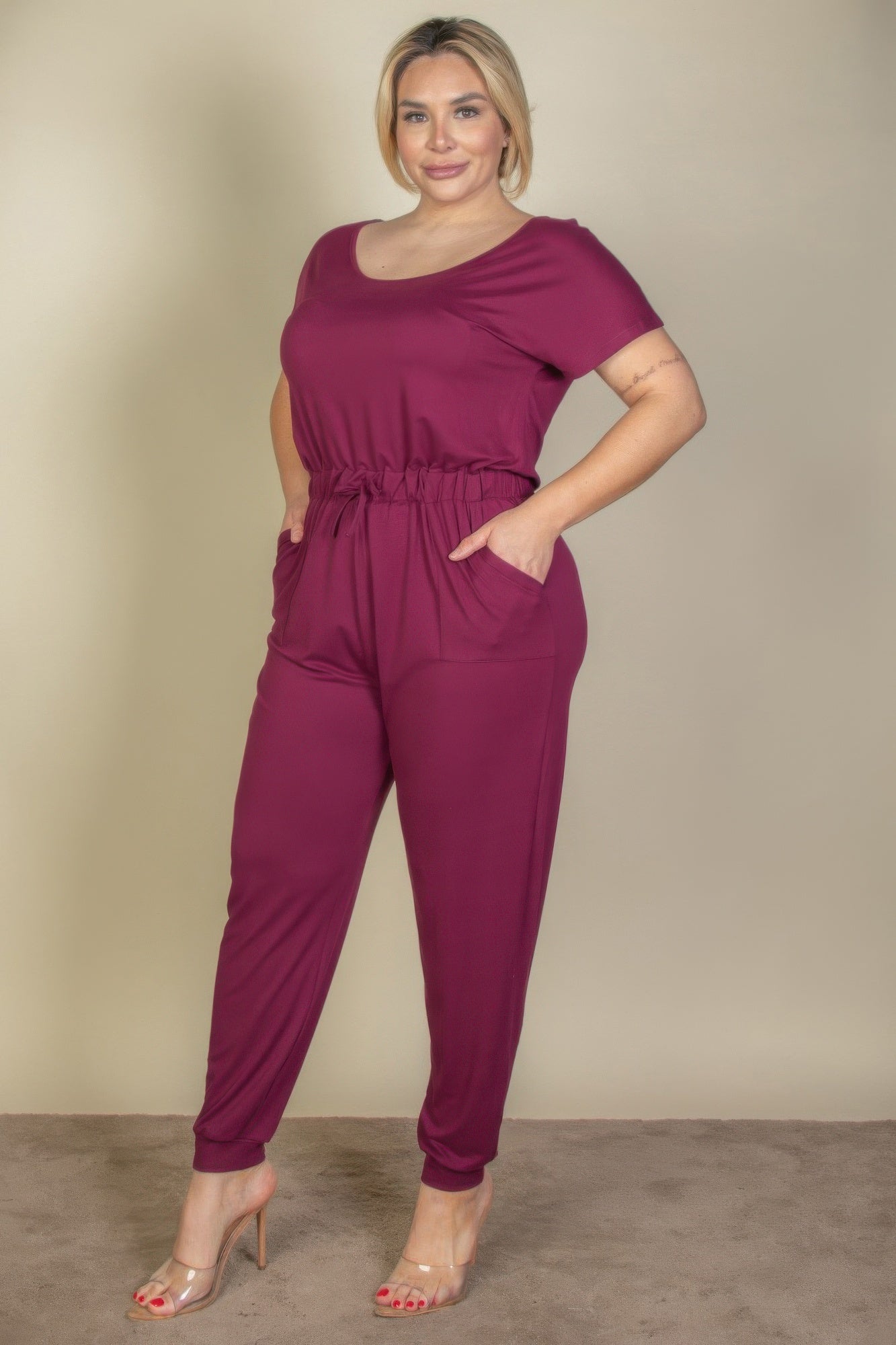 Plus Size Solid Drawstring Short Sleeve Jumpsuit | Mixtshop LLC