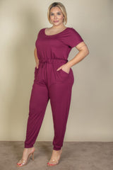 Plus Size Solid Drawstring Short Sleeve Jumpsuit | Mixtshop LLC