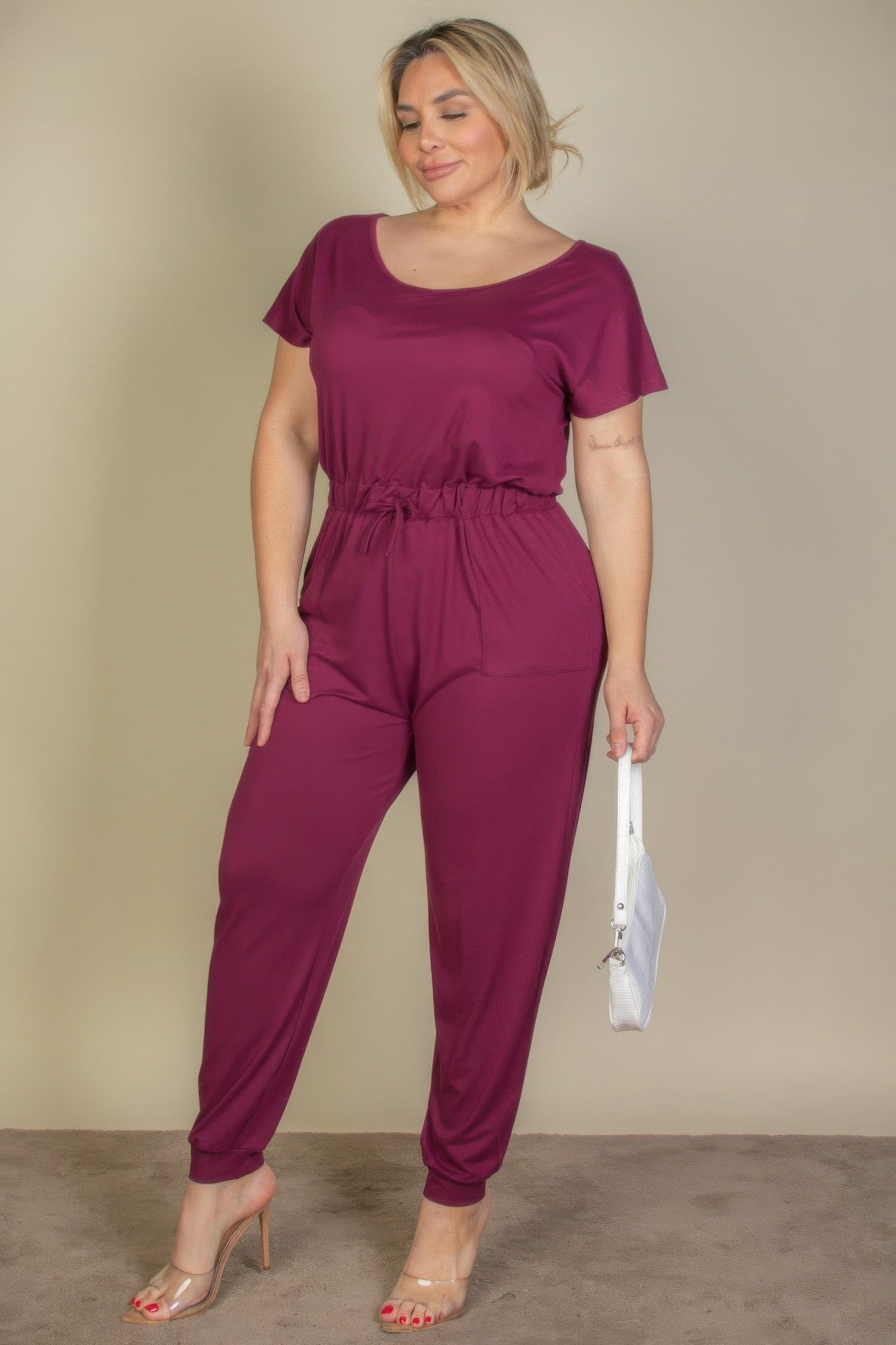 Plus Size Solid Drawstring Short Sleeve Jumpsuit | Mixtshop LLC