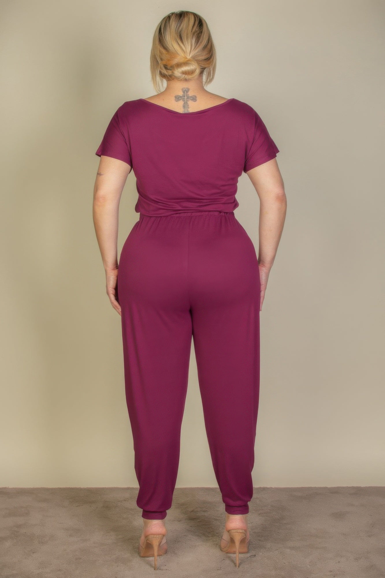 Plus Size Solid Drawstring Short Sleeve Jumpsuit | Mixtshop LLC