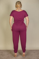 Plus Size Solid Drawstring Short Sleeve Jumpsuit | Mixtshop LLC