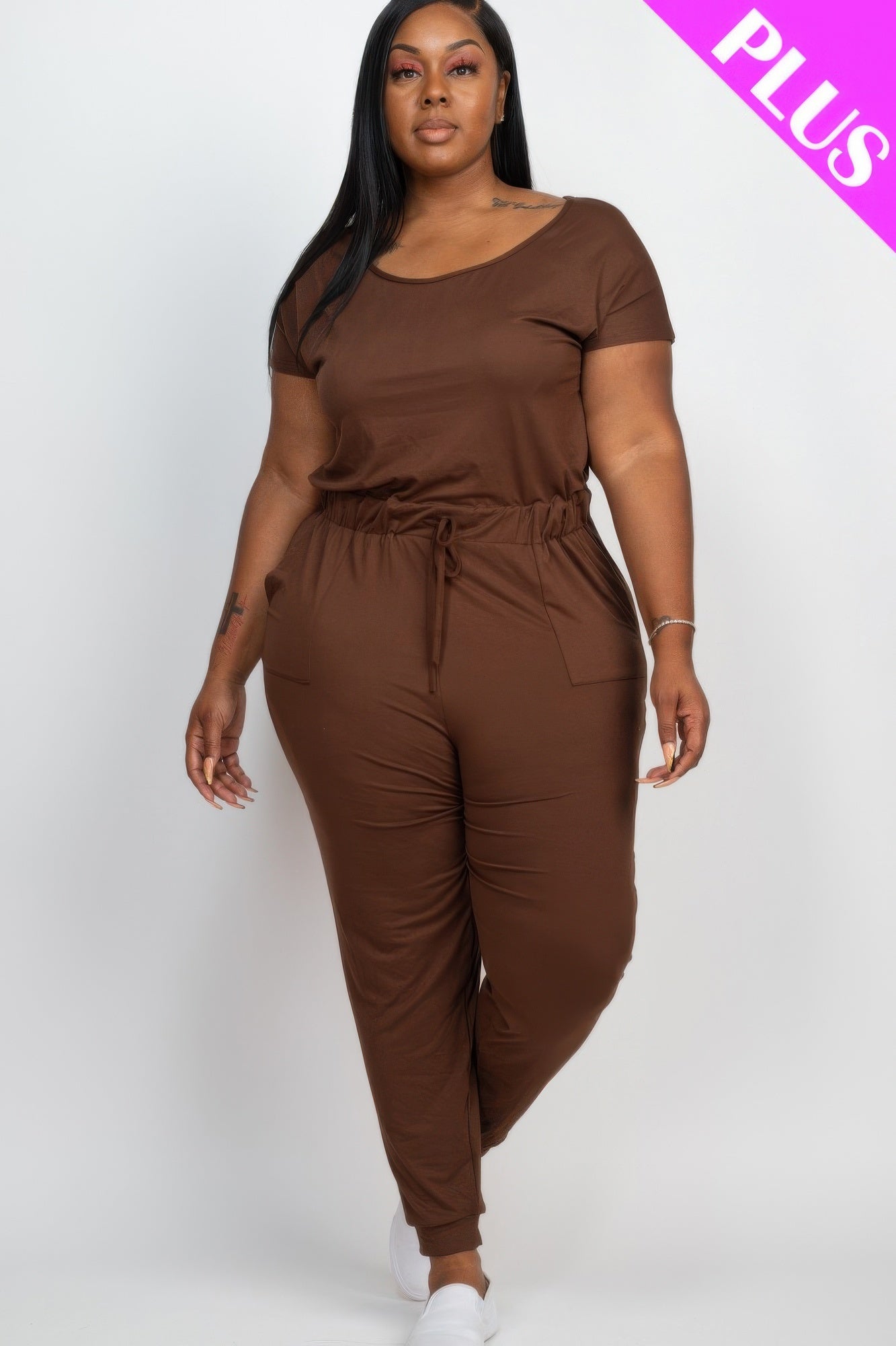 Plus Size Solid Drawstring Short Sleeve Jumpsuit | Mixtshop LLC