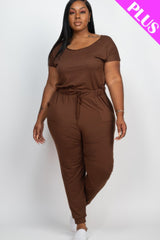 Plus Size Solid Drawstring Short Sleeve Jumpsuit | Mixtshop LLC
