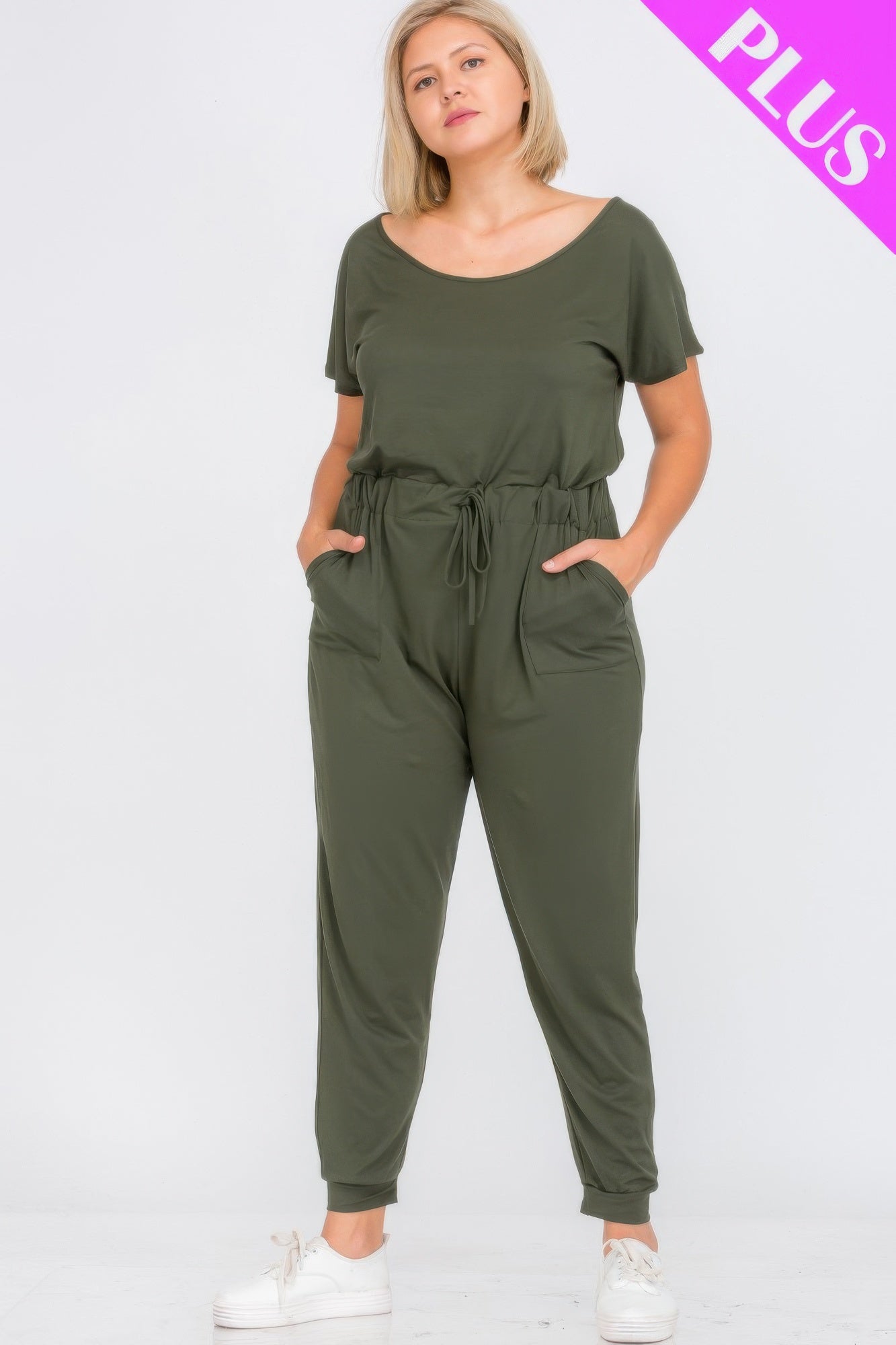 Plus Size Solid Drawstring Short Sleeve Jumpsuit | Mixtshop LLC