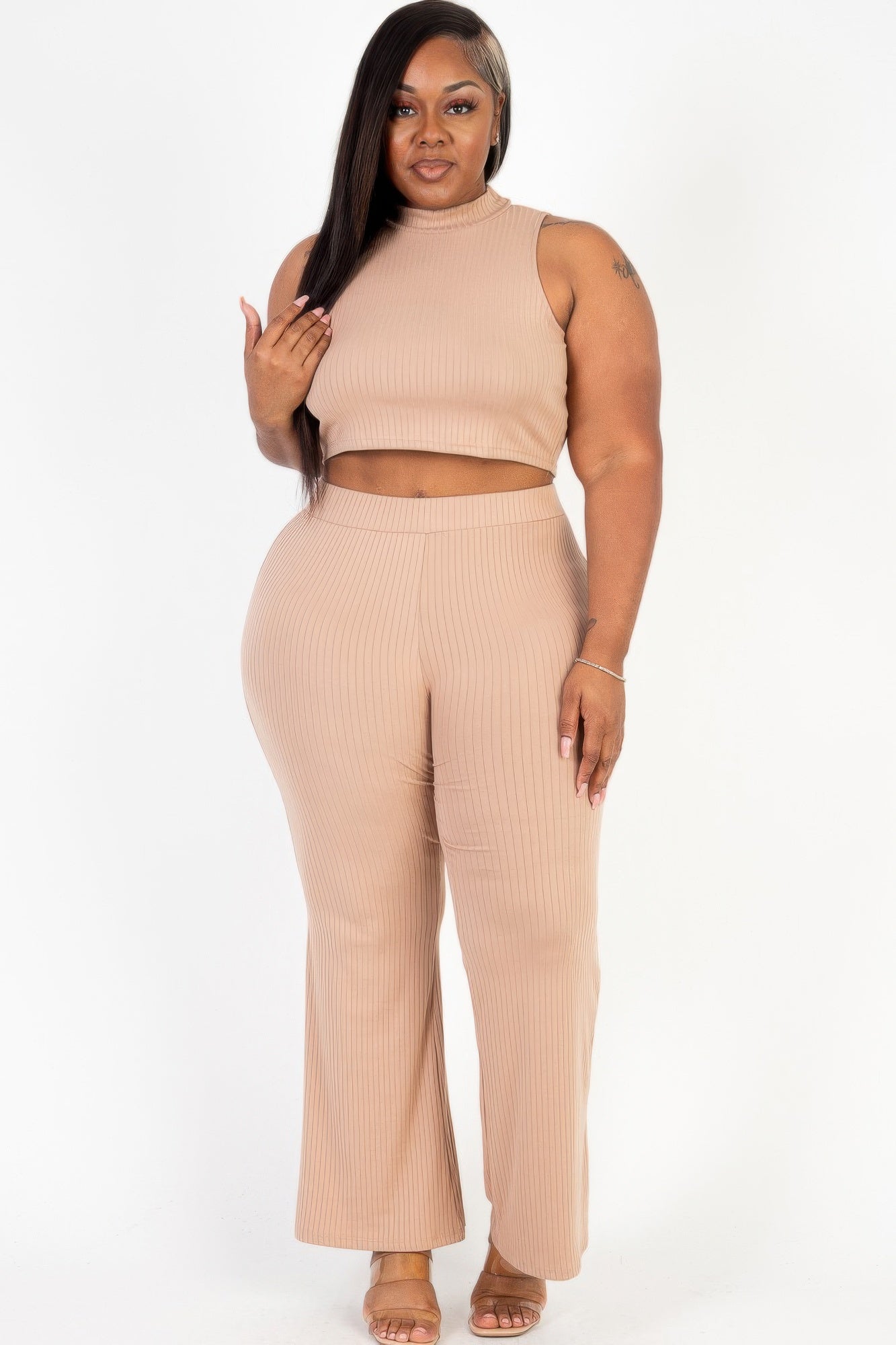 Plus Size Ribbed Mock Neck Crop Tank Top& Bootcut Pants Set | Mixtshop LLC