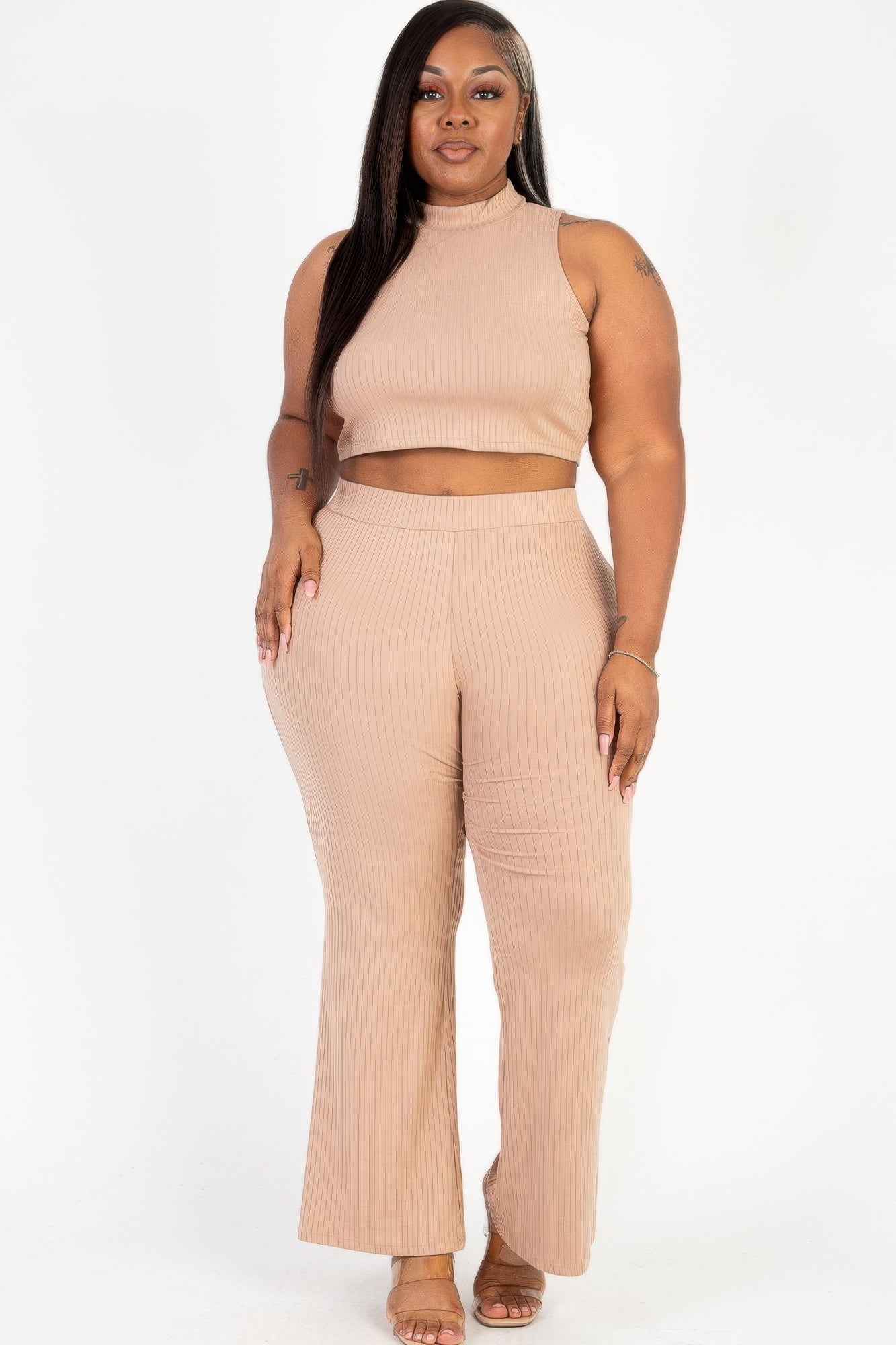 Plus Size Ribbed Mock Neck Crop Tank Top& Bootcut Pants Set | Mixtshop LLC