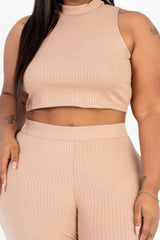 Plus Size Ribbed Mock Neck Crop Tank Top& Bootcut Pants Set | Mixtshop LLC
