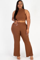 Plus Size Ribbed Mock Neck Crop Tank Top& Bootcut Pants Set | Mixtshop LLC