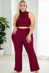 Plus Size Ribbed Mock Neck Crop Tank Top& Bootcut Pants Set | Mixtshop LLC