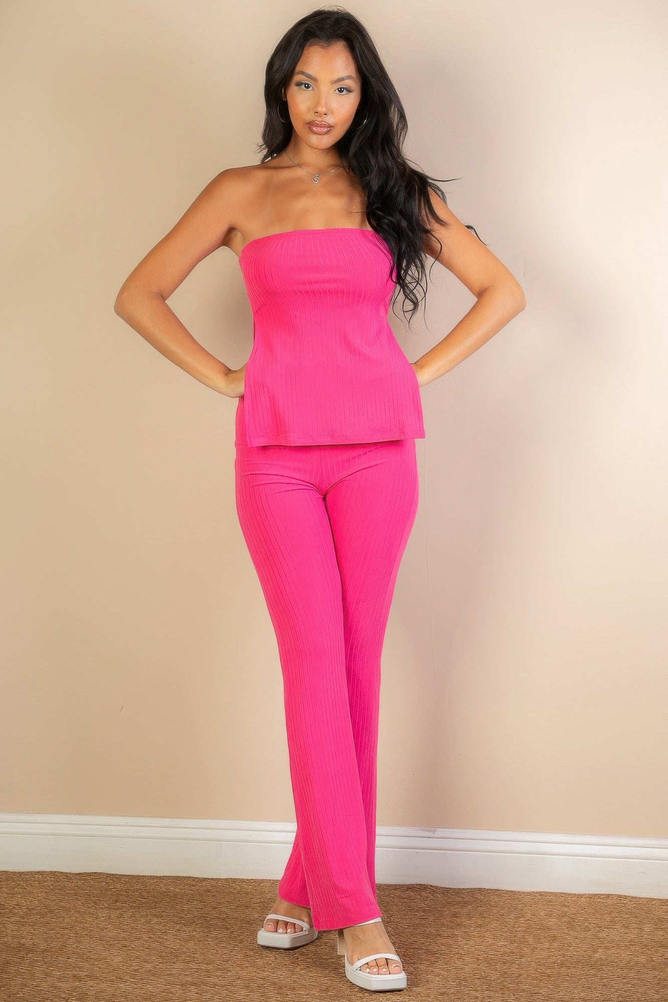 Ribbed Side Slit Bandeau Top & Flare Pants Set | Mixtshop LLC