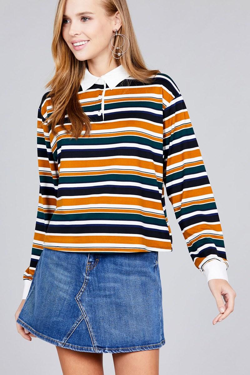 Ladies fashion plus size long sleeve multi striped dty brushed shirts | Mixtshop LLC