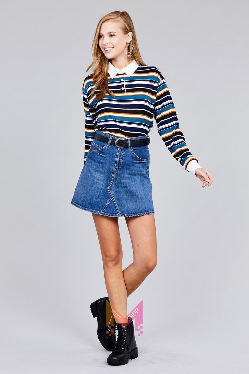 Ladies fashion plus size long sleeve multi striped dty brushed shirts | Mixtshop LLC