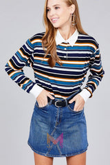 Ladies fashion plus size long sleeve multi striped dty brushed shirts | Mixtshop LLC