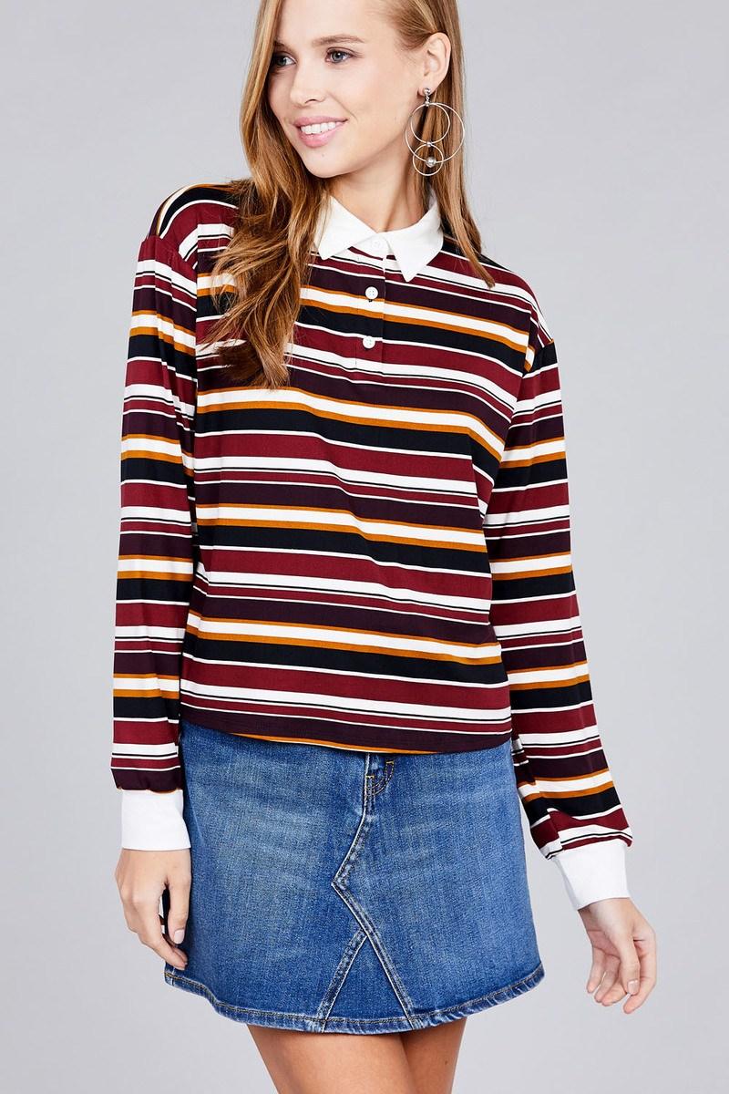 Ladies fashion plus size long sleeve multi striped dty brushed shirts | Mixtshop LLC