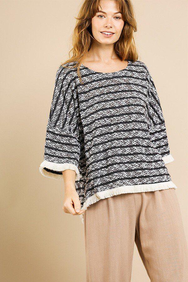 Heathered Striped Knit Bell Sleeve Round Neck Top | Mixtshop LLC