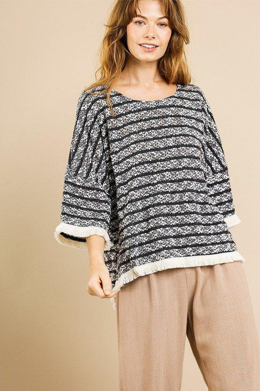Heathered Striped Knit Bell Sleeve Round Neck Top | Mixtshop LLC