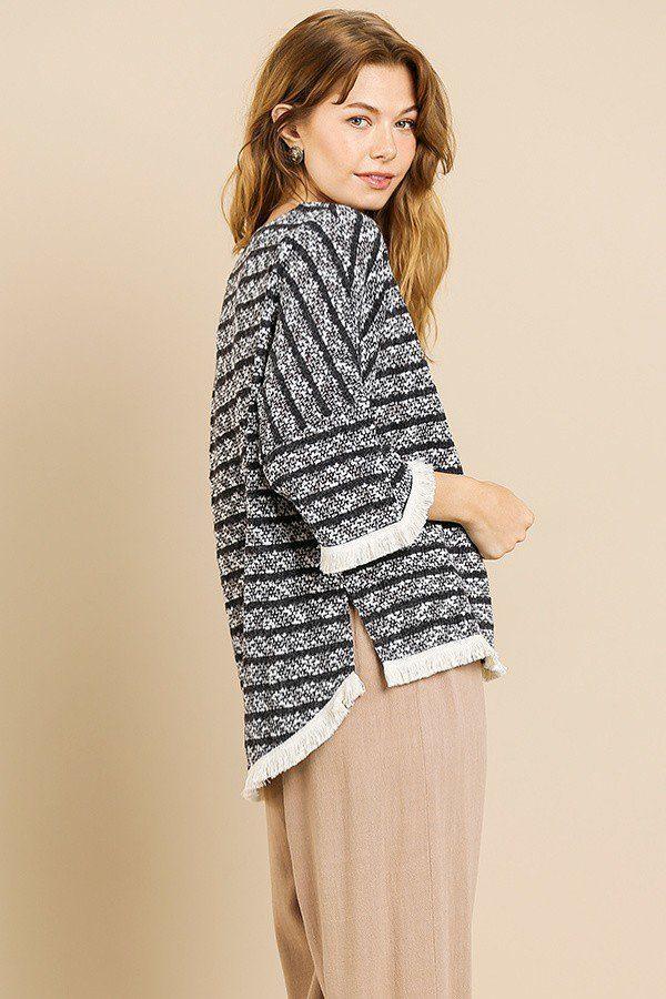 Heathered Striped Knit Bell Sleeve Round Neck Top | Mixtshop LLC