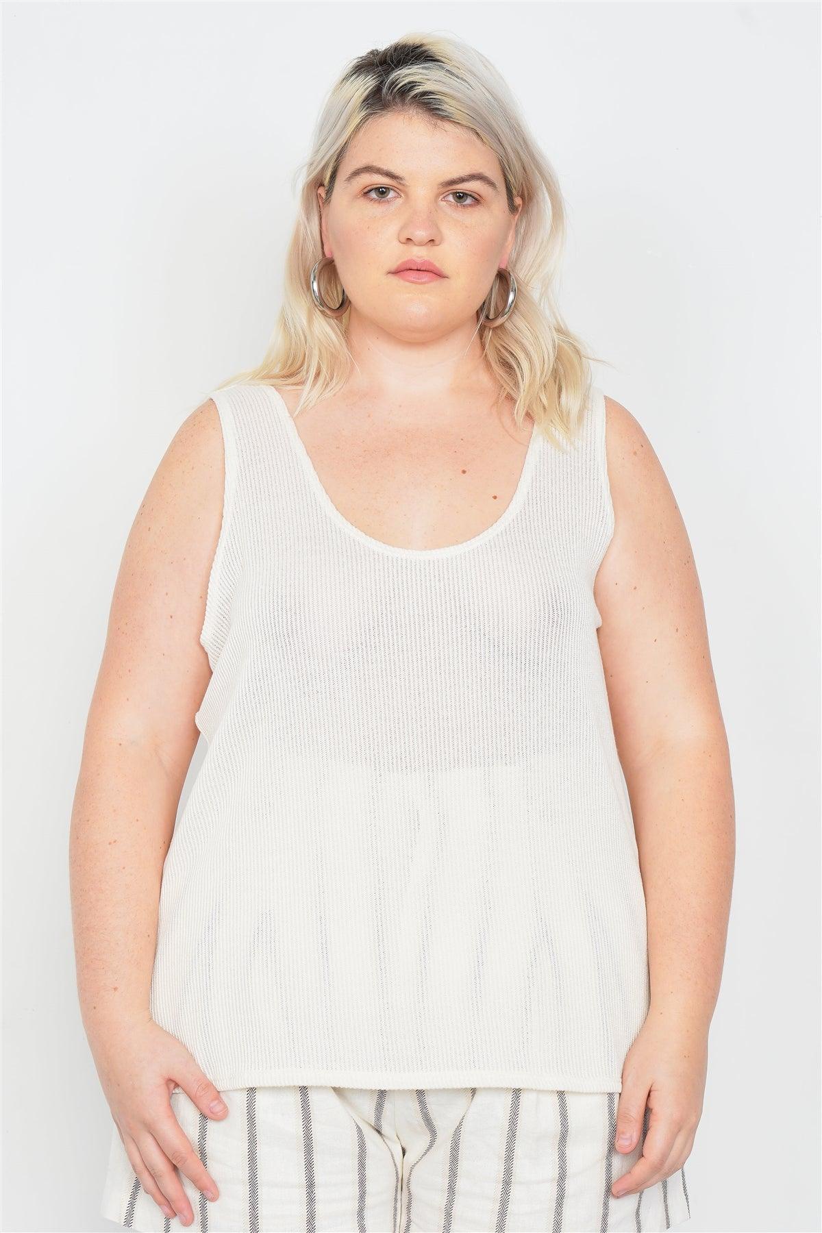 Plus Size Sheer Ivory Ribbed Causal Tank Top | Mixtshop LLC