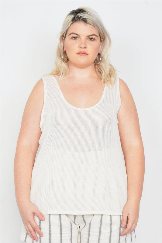 Plus Size Sheer Ivory Ribbed Causal Tank Top | Mixtshop LLC