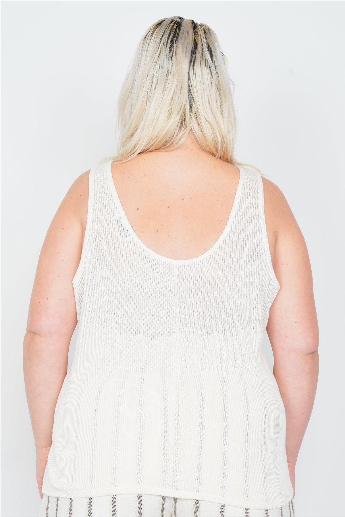 Plus Size Sheer Ivory Ribbed Causal Tank Top | Mixtshop LLC