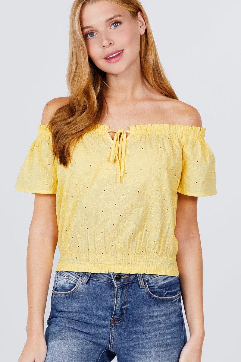 Short Sleeve Off The Shoulder Front Tie Detail Smocked Hem Eyelet Lace Woven Top | Mixtshop LLC