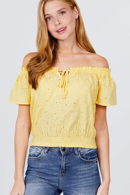 Short Sleeve Off The Shoulder Front Tie Detail Smocked Hem Eyelet Lace Woven Top | Mixtshop LLC