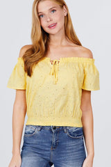 Short Sleeve Off The Shoulder Front Tie Detail Smocked Hem Eyelet Lace Woven Top | Mixtshop LLC