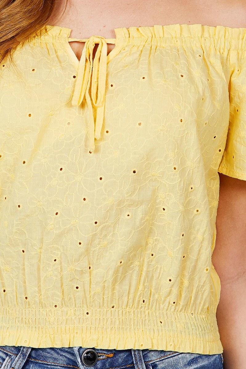 Short Sleeve Off The Shoulder Front Tie Detail Smocked Hem Eyelet Lace Woven Top | Mixtshop LLC