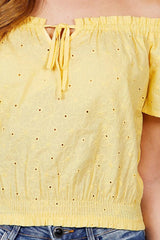 Short Sleeve Off The Shoulder Front Tie Detail Smocked Hem Eyelet Lace Woven Top | Mixtshop LLC