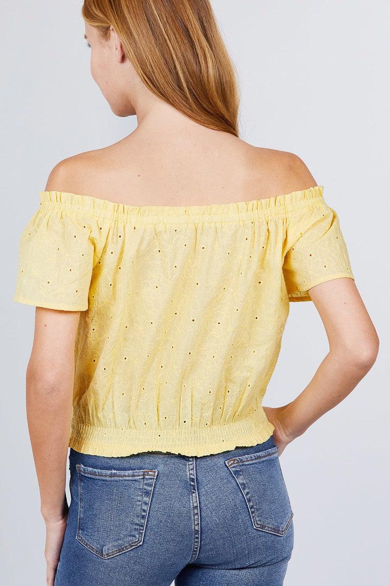 Short Sleeve Off The Shoulder Front Tie Detail Smocked Hem Eyelet Lace Woven Top | Mixtshop LLC