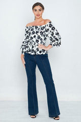 Long Sleeves Off Shoulder Neckline Printed Shirt | Mixtshop LLC