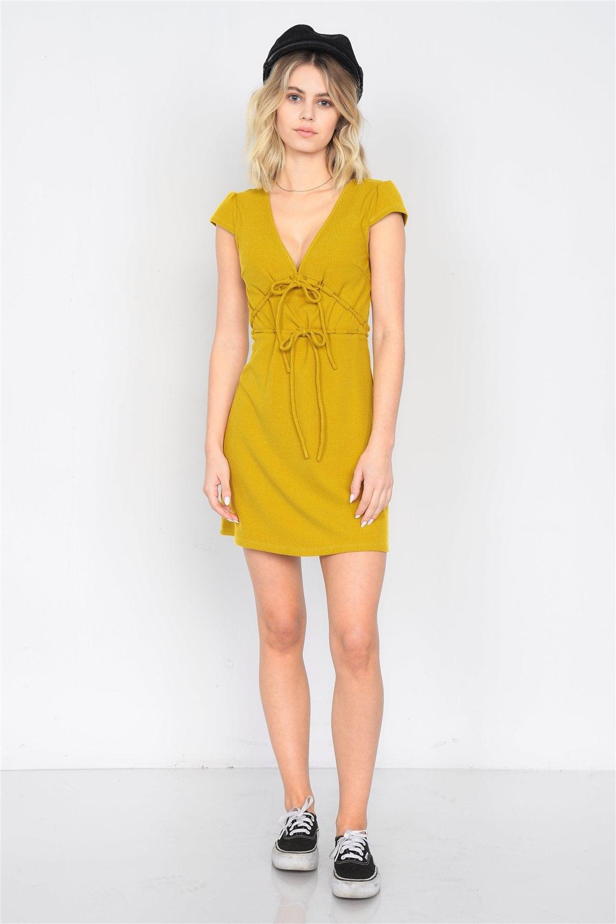 Mustard Ribbed V-neck Cap Sleeve Mini Solid Casual Dress | Mixtshop LLC