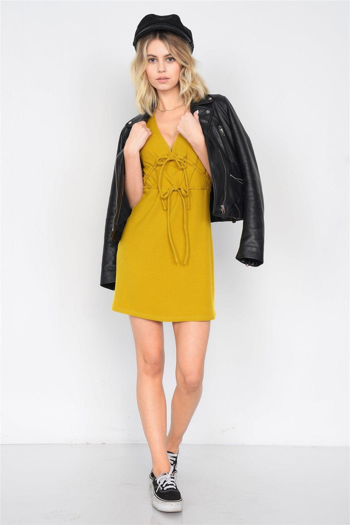 Mustard Ribbed V-neck Cap Sleeve Mini Solid Casual Dress | Mixtshop LLC