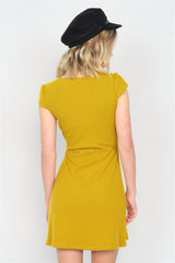 Mustard Ribbed V-neck Cap Sleeve Mini Solid Casual Dress | Mixtshop LLC